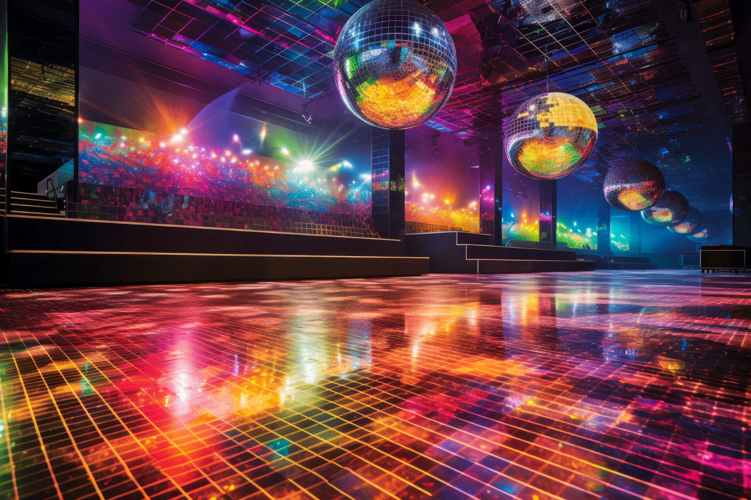 Abstract Retro Dance party background Disco ball reflects vibrant lights A glowing dance floor